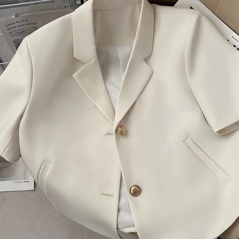 Beige short sleeved women suit jacket new summer 2023 trendy commuting short blazer for petite