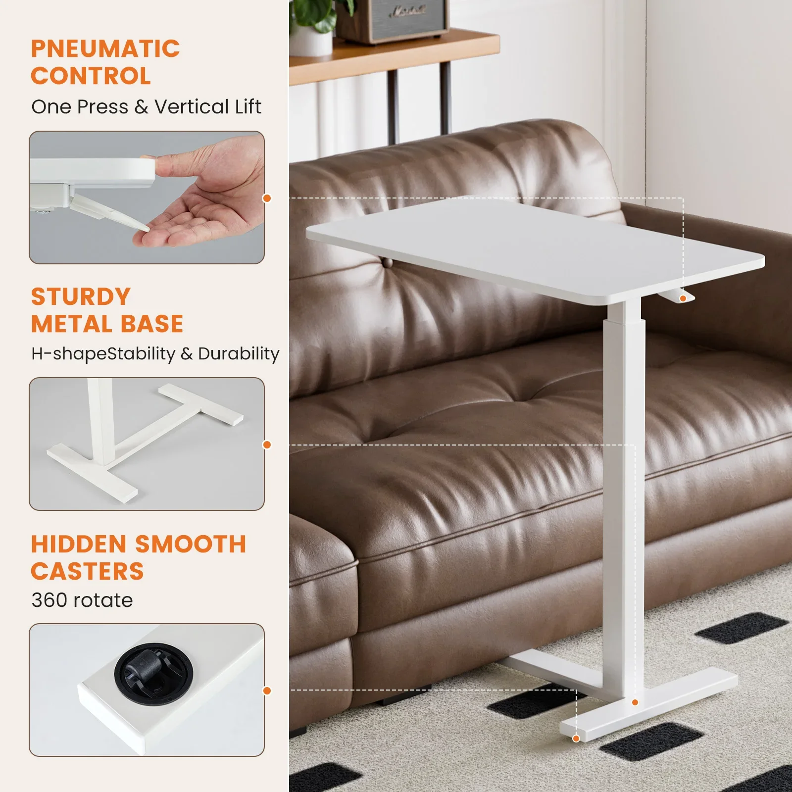 Overbed Bedside Sofa Table with Hidden Wheels Adjustable Height Use Bed Table Laptop Mobile Standing Desk Living Room
