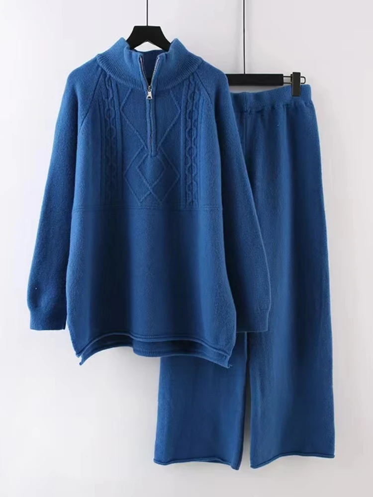 

Elegant Women's Set Winter Knitted Pullovers and Wide-leg Pants Full Length Two Piece Set Fashion Loose Zip Sweater Women's Suit