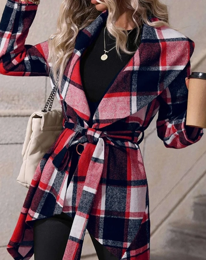 

Checkered Lace Up Details Asymmetrical Jacket Hot Selling Casual New Fashionable Outerwear Suit Collar Long Women's Clothing