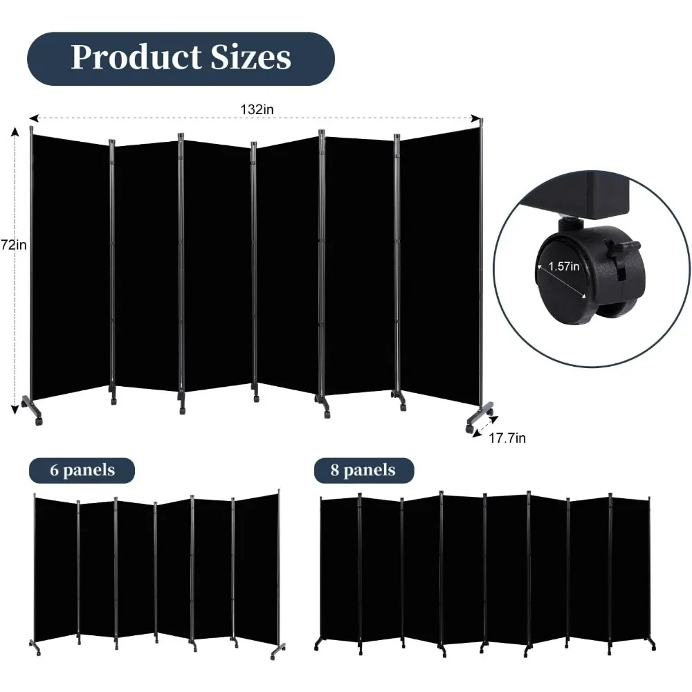 Room Divider Folding Privacy Screens with Lockable Wheels, 132'' Partition Room Dividers Freestanding Divider Fabric Panel
