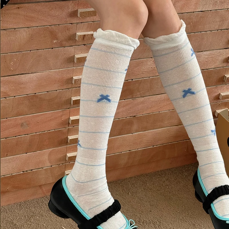 

Summer Kawaii Korean Bow Calf Socks Lolita JK Bow Cute Middle Tube Socks Ballet Thin Japanese Y2K Sock Mesh Breathable Socks