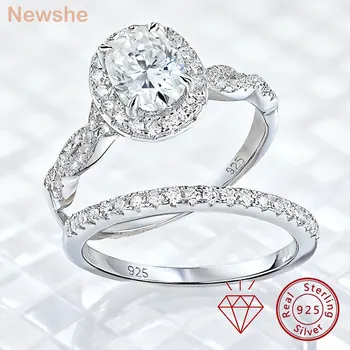 Newshe 925 Sterling Silver D VVS1 Full Moissanite Wedding Rings Set for Women Halo Oval Cut Engagement Ring
