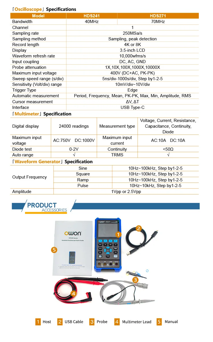 40MHz 70MHz Single Channel Simple 3-in-1 Handheld Digital Oscilloscope 250Msa/s+