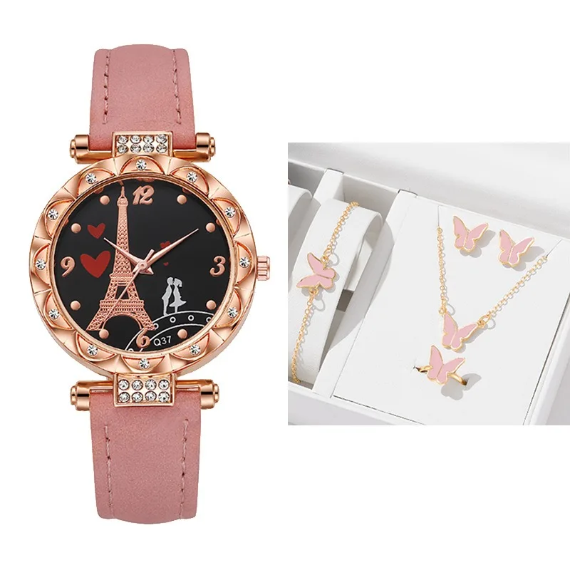 

Fashion Women Watch Suit Faux Leather Bands Lotus Shell Paris Tower Couple Print Luxury Diamond Female Quartz Watches Girl Gift