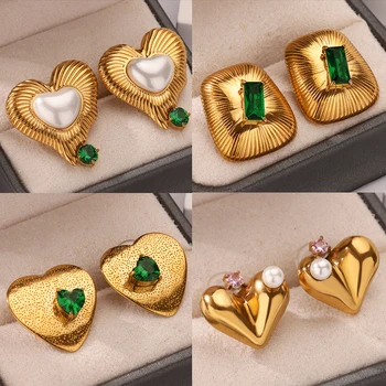 Vintage Green Zircon Heart Earrings for Women Stainless Steel Gold Color Piercing Earrings Fashion Wedding Christmas Jewelry