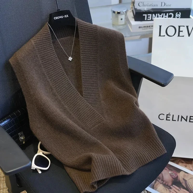 

Осень-зима 2024, новый пуловер, вязаный свитер, жилет, женская мода, жилет без рукавов с V-образным вырезом, тонкий однотонный жилет, женские топы