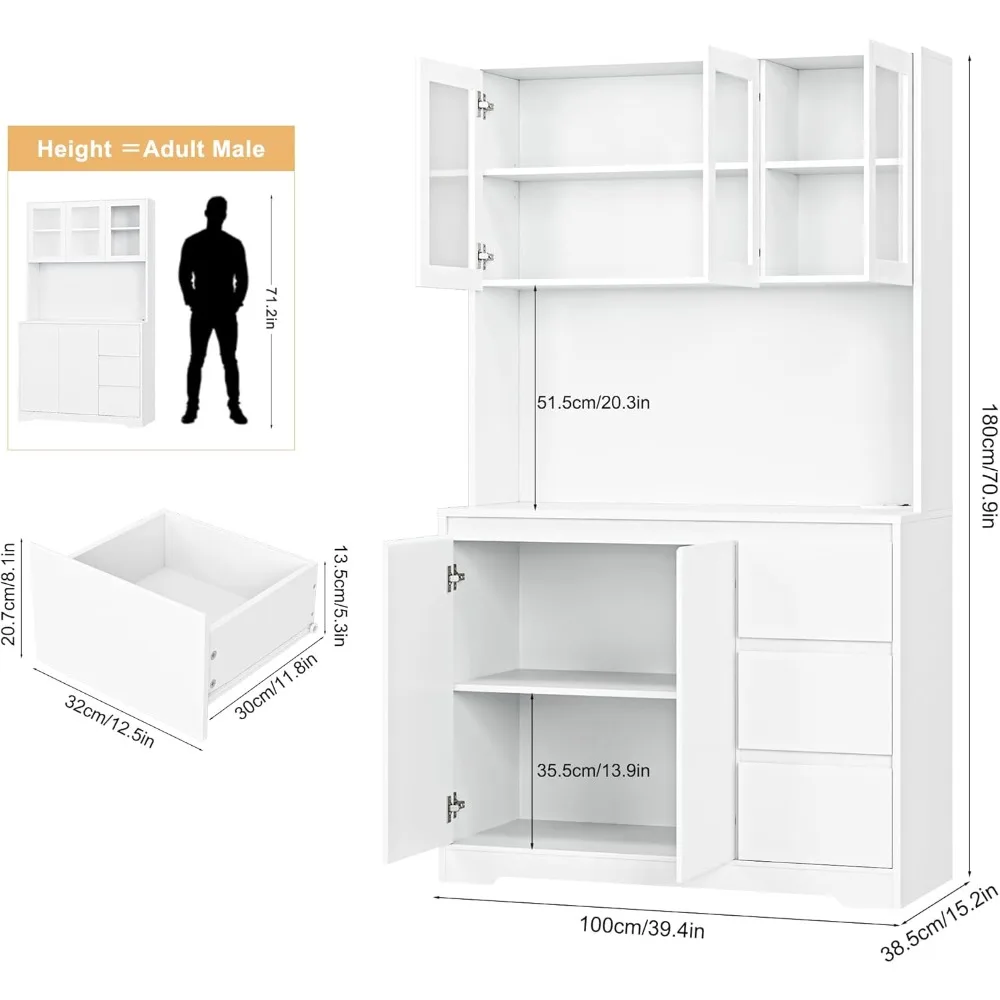 71" Kitchen Pantry Cabinet with LED Lights and Charging Station, Modern Kitchen Cabinet Hutch with Storage and Microwave