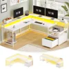 L Shaped Gaming Desk, 66" Home Office Desk with File Drawer, Power Outlet and Led Lights, Computer Desk with Monitor Shelf 1