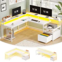 L Shaped Gaming Desk, 66" Home Office Desk with File Drawer, Power Outlet and Led Lights, Computer Desk with Monitor Shelf 1
