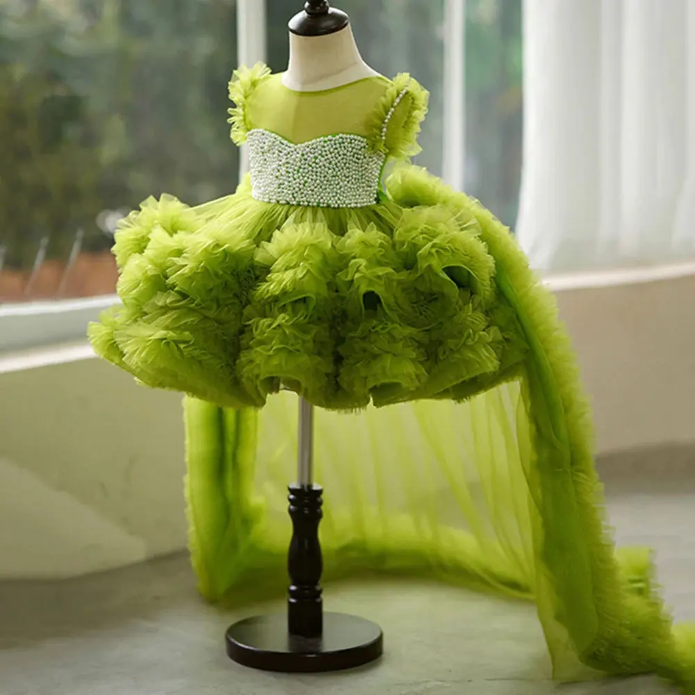 Flower Girl Dresses Green Flower Girl Dress For Wedding Tulle Layered Puffy With Pearls Baby Kids Birthday Party Ball First Communion Gowns