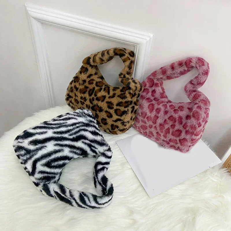 Y2k Korean Plush Retro Print For Women Underarm Leopard Zebra Pattern Fluffy Tote Bags Small Purses Handbags_voghion.com
