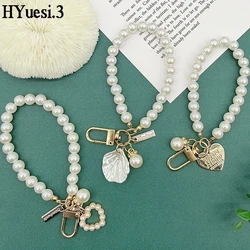 Vintage Heart Shell Pendant Keyrings Elegant Faux Pearl Beaded Bracelet Keychain With Metal Tag For Purse Mobile Phone Ornament