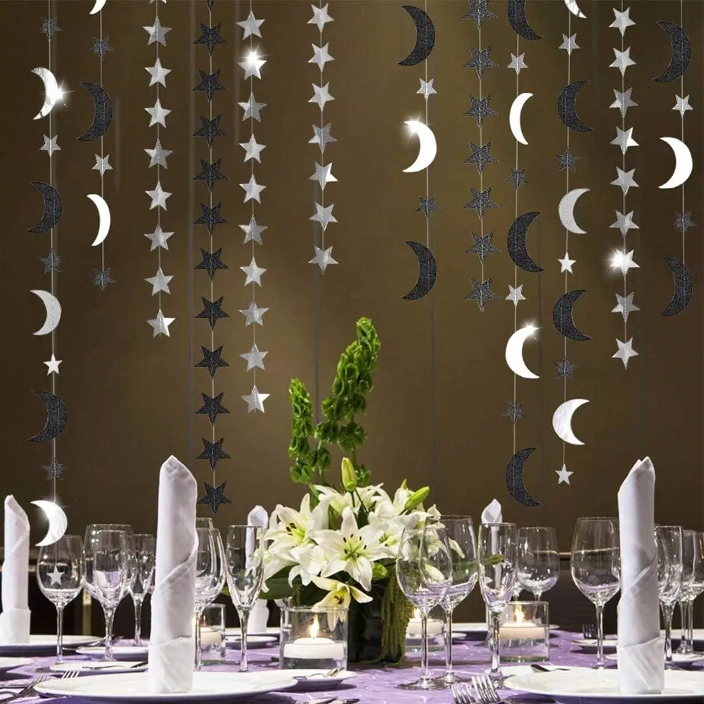 4M Black Silver Party Decor Crescent Moon Star Ghirlande Appese Per Halloween Stamina Capodanno Scintillio Decorazioni Little Star