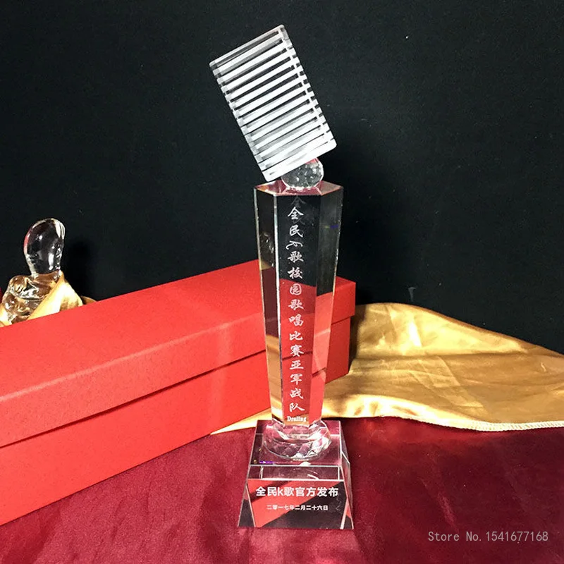 Crystal Trophy with Lettering for Celebration, Creative Microphone, Music and Singing, Host and Song, Celebration Gift