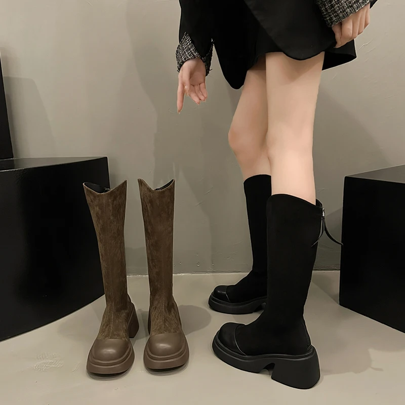 

Women Boots Over Knee Autumn Shoes Boots-Women Zipper Winter Footwear Round Toe Clogs Platform Over-the-Knee Med Rubber 2023 Lad