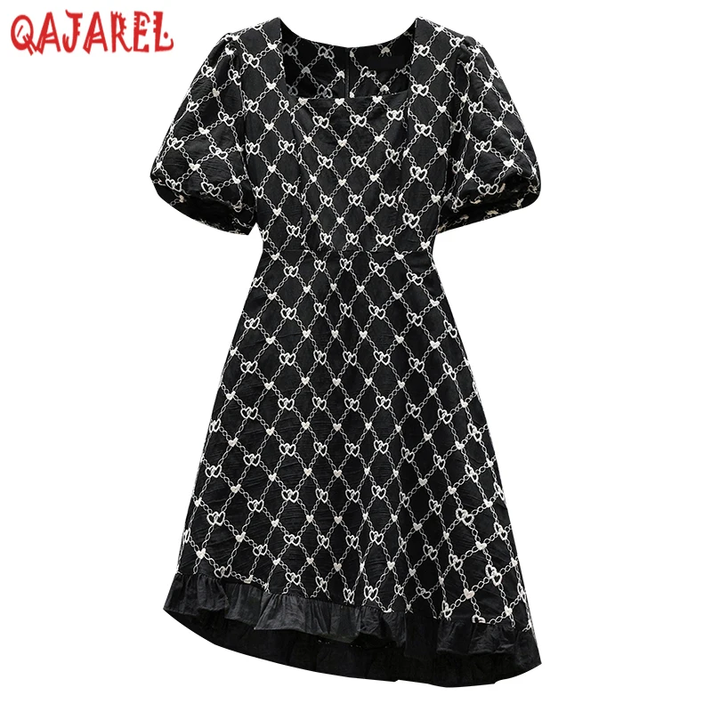

Summer White Embroidery Plaid Square Collar Mini Dress Women Black Korean Vintage Hepburn Robe 2024 Elegant Casual Ruffled Dress