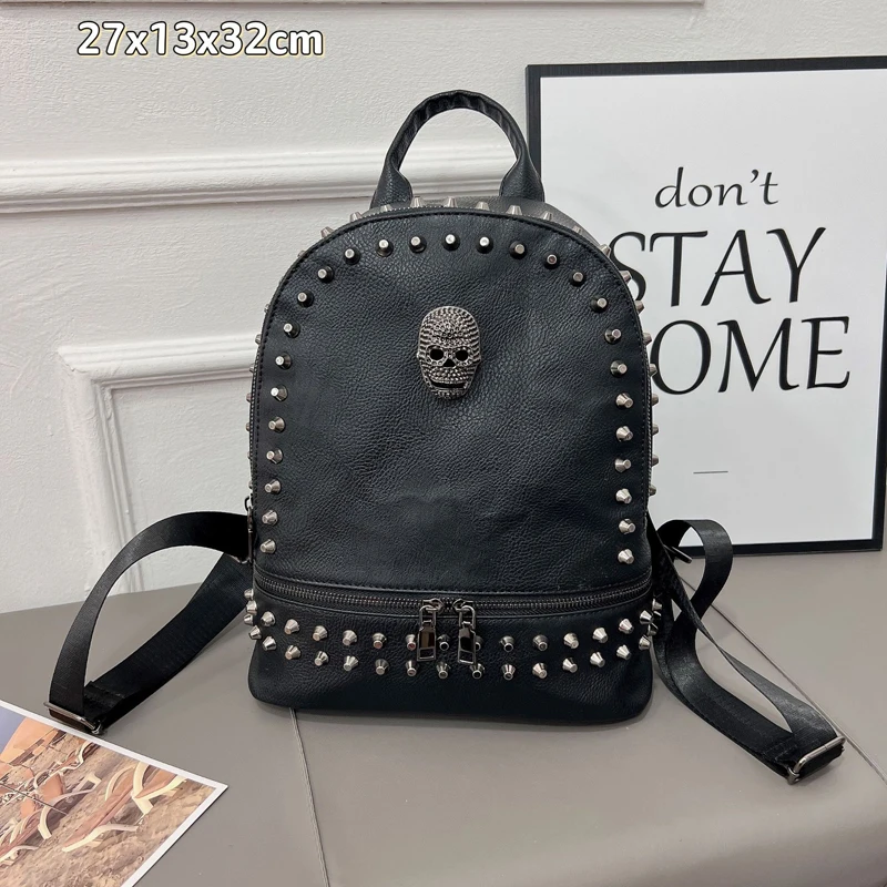 Annmouler 2022 Large Capacity Backpack Unisex Skull Daypack Black Pu Leather Travel Bag Punk Rivet Laptop mochila feminina