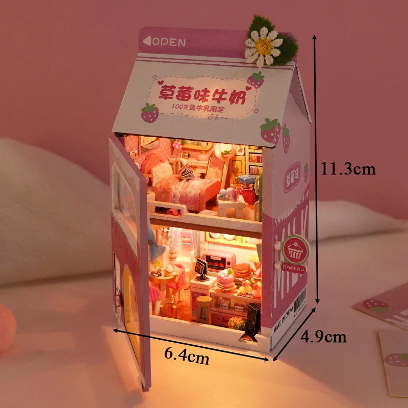 DIY Wooden Mini Cake Bedroom Milk Drink Casa Doll Houses Miniature Building Kits with Furniture Light Dollhouse for Adults Gifts 5