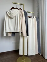 24 Autumn and Winter New Women's Cashmere Suit Hooded Zipper Top + High Waist Drawstring Leg Closing Pants Two Piece Set 2