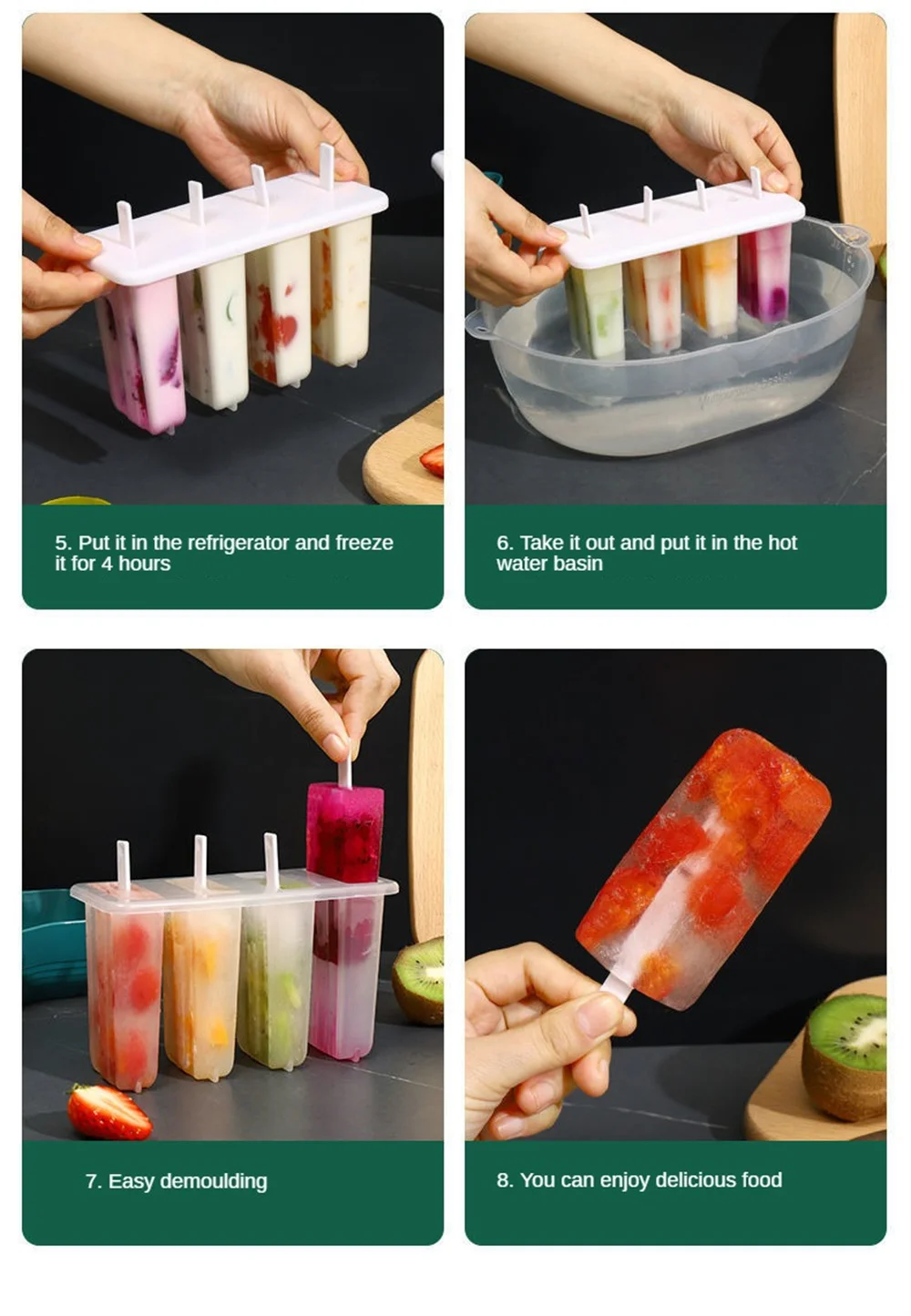 Description Picture 4 of itemIce Cream Molds 4 Popsicle Molds Set Popsicle Ice Tray Ice Cream Reusable with Stick Cover ice mold Kitchen Accessories