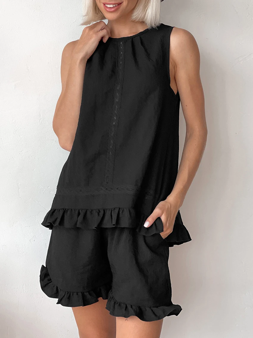 Mathaqiqi Summer Women'S Sleepwear Set O-Neck Pajamas Sleeveless Nightgowns Backless Nightie Shorts Casual Ladies Nightwear Suit