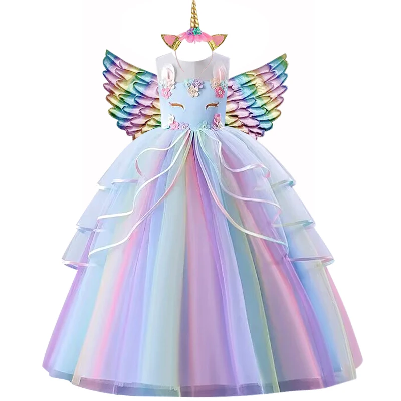 Girls Dress Children Birthday Party Unicorn Printed Lace Panel Role Dressing 3-12 Year Old Halloween