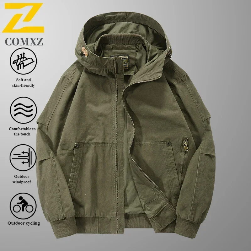 EiAO Autumn Work Jacket Men's Trendy Retro Pure Cotton Detachable Cap Windproof Jackets Male Travel Camping  Loose Flying Coat