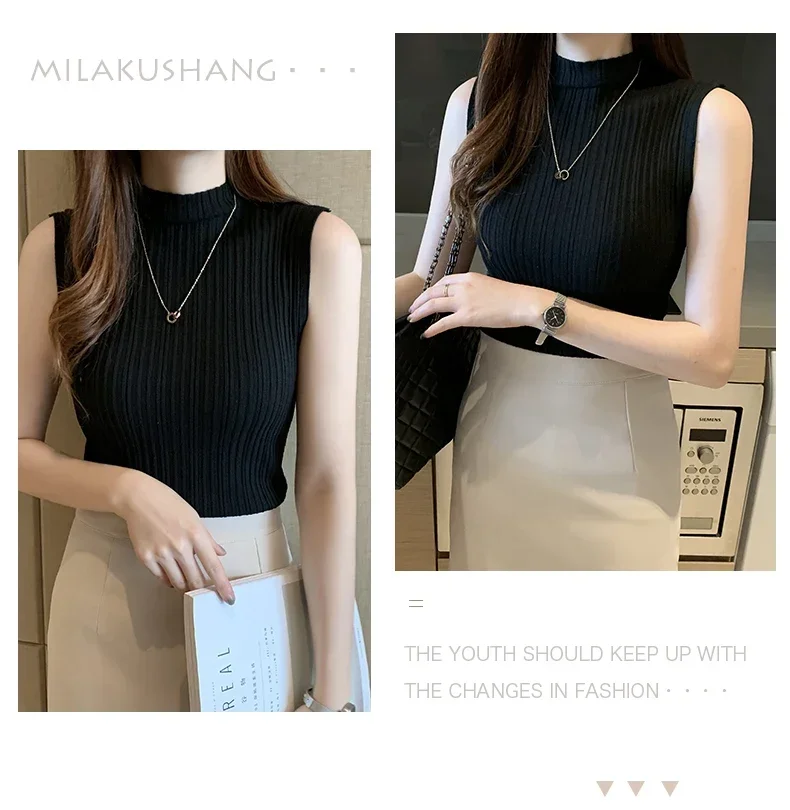 Blusa de punto sin mangas elegante de moda para mujer, blusa de verano de color sólido, blusa informal, camisa de cuello medio alto