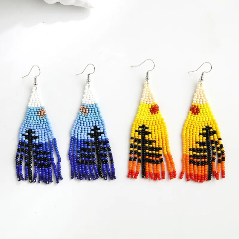 

Rice bead earrings Tassel Pine Design Colour Originality Hand knitting Bohemia Alloy Fashion Simple Beaded earrings