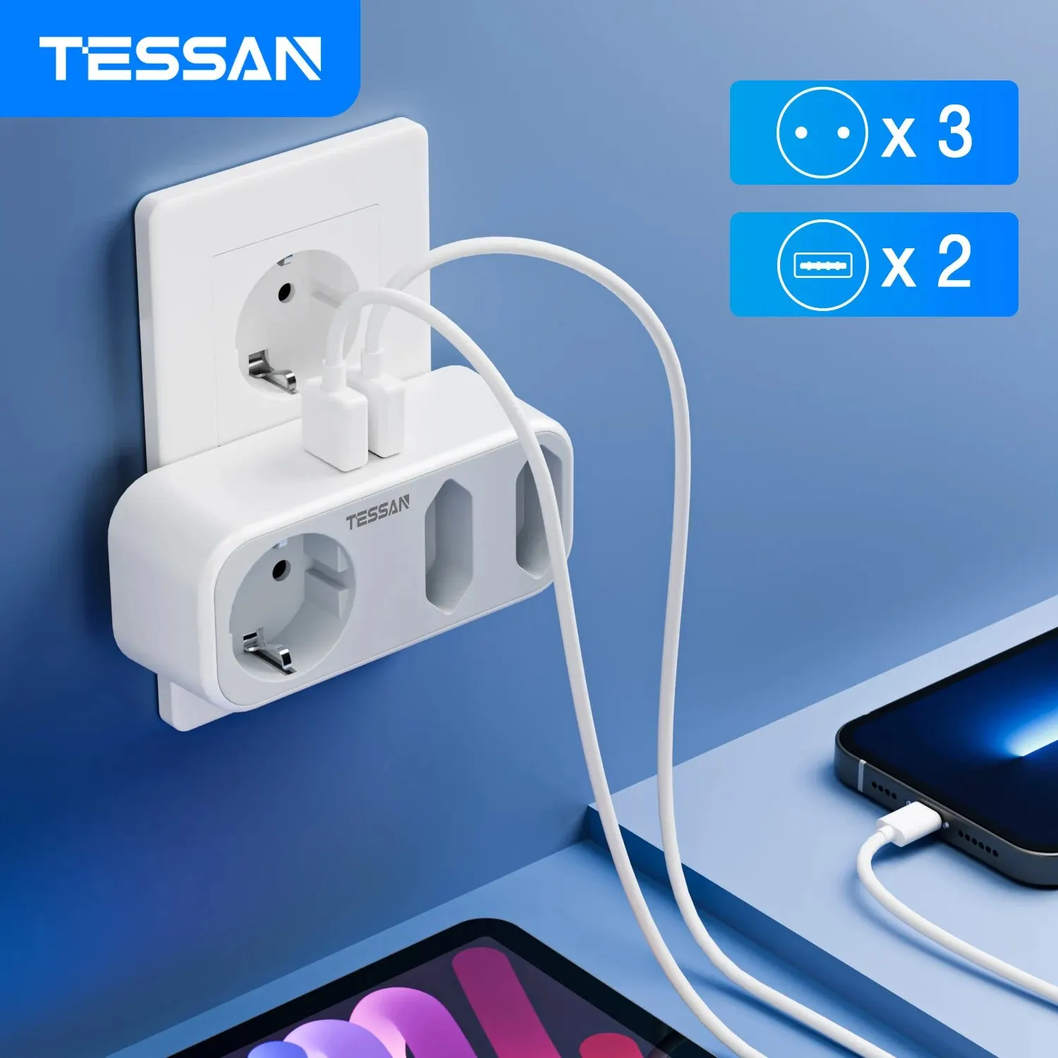 TESSAN EU Plug Wall Socket Extender with 3 AC Outlets +2 USB Ports 5V 2.4A Adapter 5-in-1 Plug Socket with Overload Protection power strip plug adapter electrical socket power socket wall socket extender