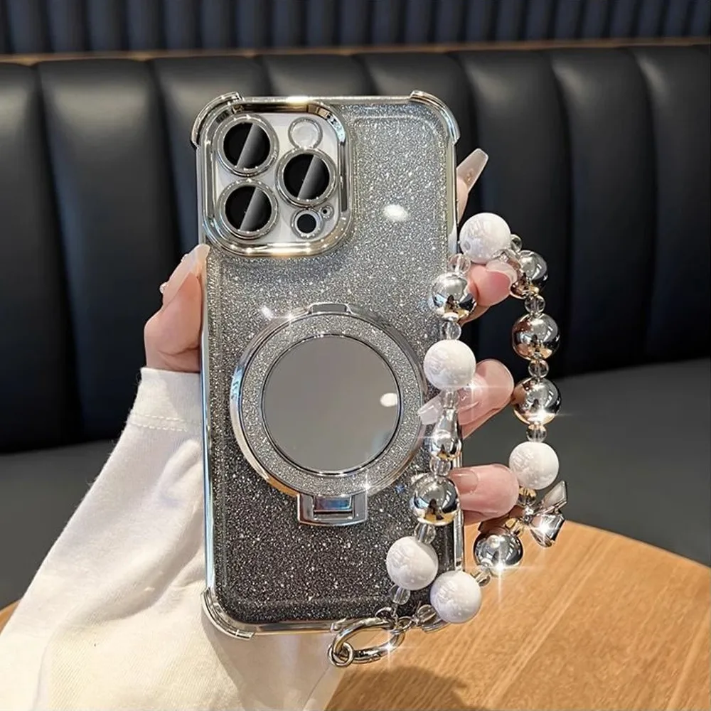 Lovely Heart Bracelet Mirror Phone Holder Case - Shockproof Glitter Cover