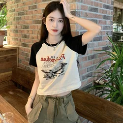 summer short sleeve Cropped Top Grunge Clothes Vintage Letter T-shirt Aesthetic Korean Chic Slim girl y2k Streetwear