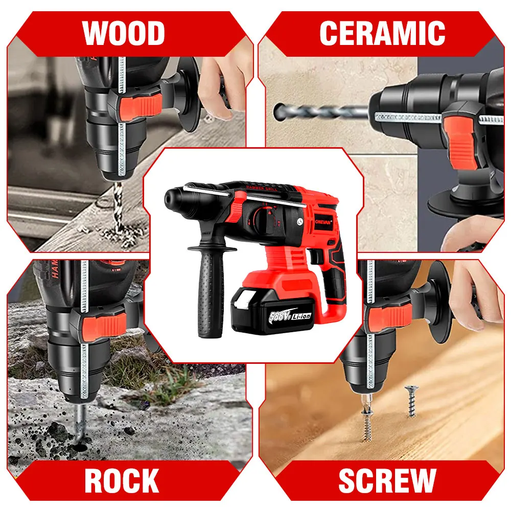 ONEVAN 2000W 10600BPM Brushless Cordless Rotary Hammer Drill Rechargeable Electric Hammer Impact Drill For Makita Battery 2