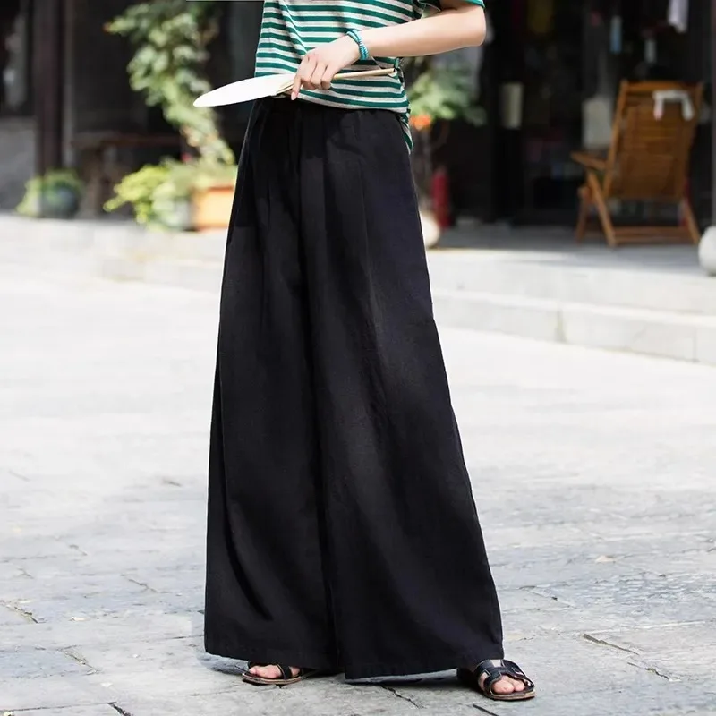 Cotton and Linen Solid Color Elastic Waist Wide Leg Pants Lady Spring High Waisted Multicolor Loose Appear Thin Affordable Pants