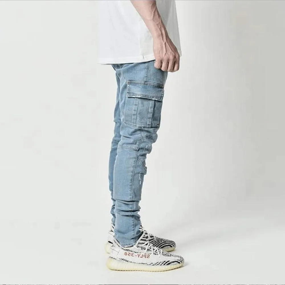 남성용 데님 카고 팬츠, 스트리트 탄성 청바지, 단색 워시, 멀티 포켓, 캐주얼 미드 웨이스트 바지, 슬림핏, 데일리 웨어, 조거