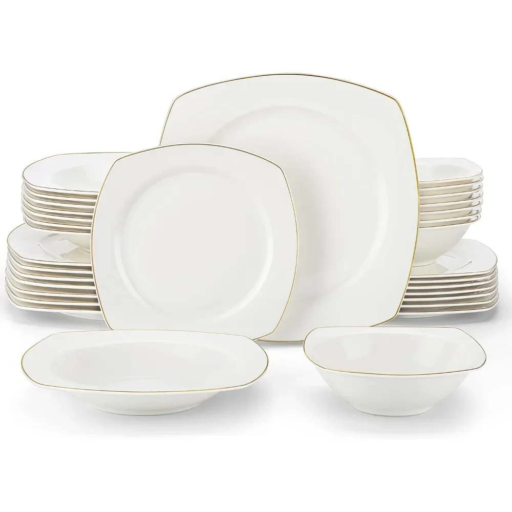 

Square Tableware Set, 32 Piece Set of Gold Edged Bone China Tableware Set, Soup Plate and Cereal Bowl, 8-person Tableware Set