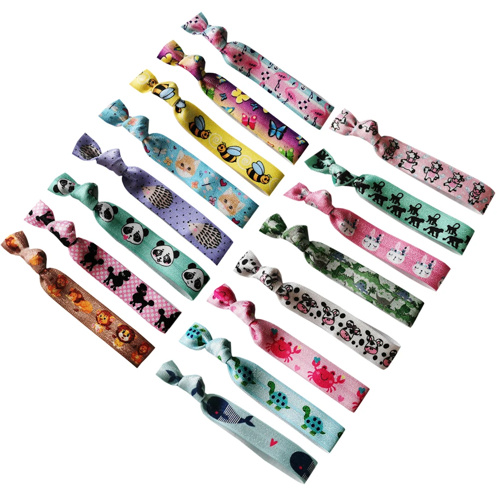 30Pcs Cat Dog Bee Print Elastic Hair Band Panda Frog Fox Alpaca Turtle Animals Hair Tie Bracelet Wholesale Girl Ponytail Holder