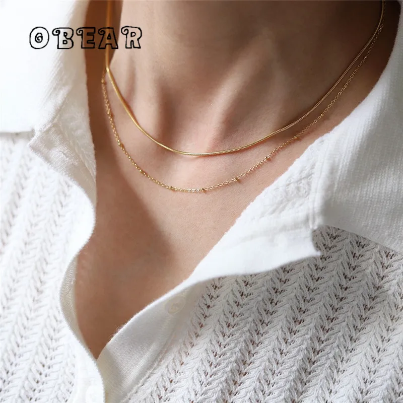 French Round Bead Snake Bone Double Layer Necklace Women Stainless Steel 18k Gold Plated Light Luxury Everyday Jewelry