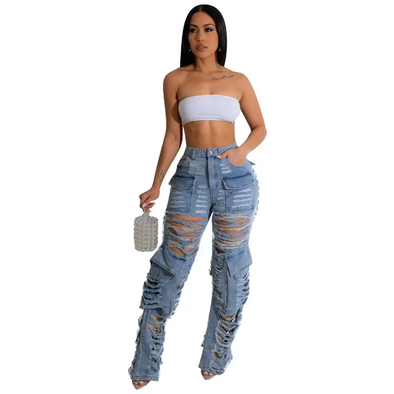 Hole Hipster Cargo Jeans Pants Women Spring Autumn 2024 High Waist Button Fly Zipper Pockets Casual Y2k Trends Street Trousers