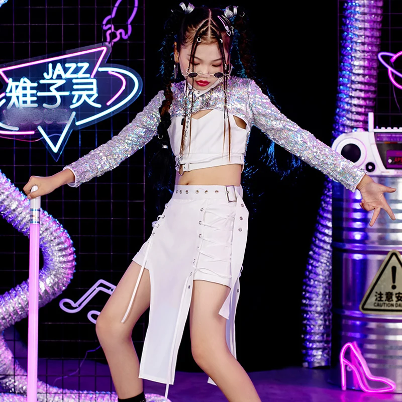 

Hip Hop Dance Suit Modern Street Dance Clothes Shiny Sequin Clothing For Girls Fairy Catwalk Show Costume Kids Jazz