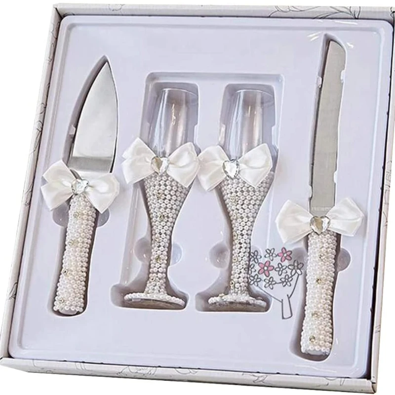 

4-Piece Wedding Supplies Cake Knife,Pie Server Set and Champagne Glasses Souvenir Bridegroom Gifts for Marry Party Birthday Show