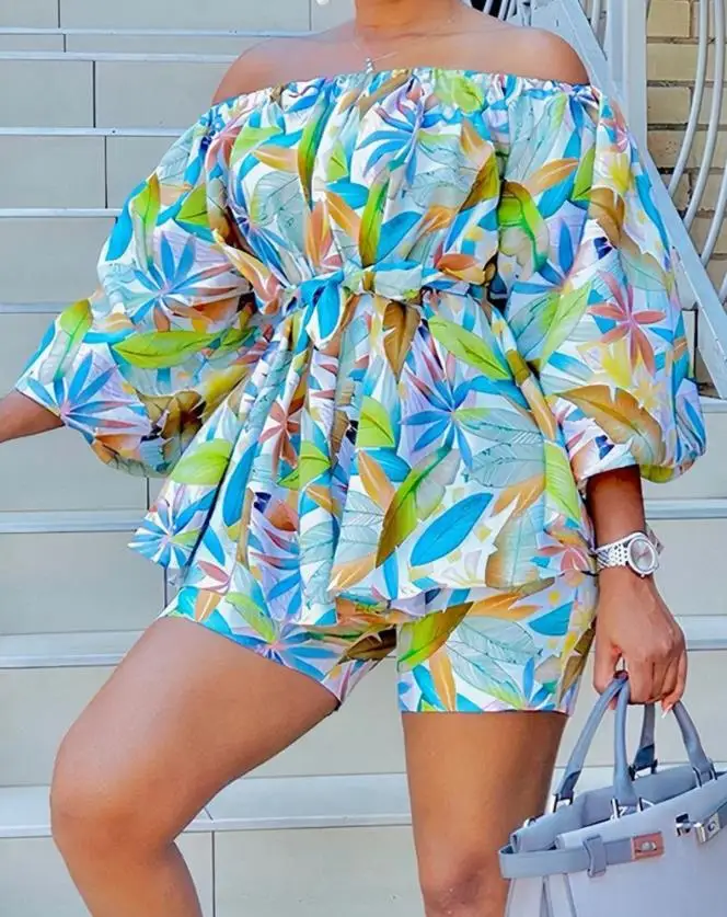 Women's Shorts Set 2024 New Summer Fashion Two Piece Set Leaf Print Off Shoulder Lantern Sleeve Belted Top & Daily Shorts Set