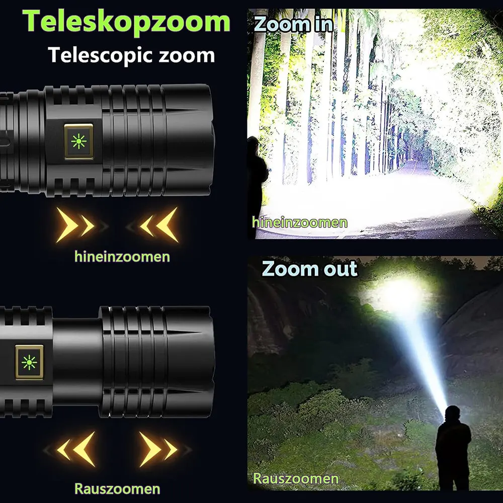 밝은 30000 루멘 LED 토치, 매우 USB 충전식, IPx67 방수 전술 토치, 캠핑 비상 상황