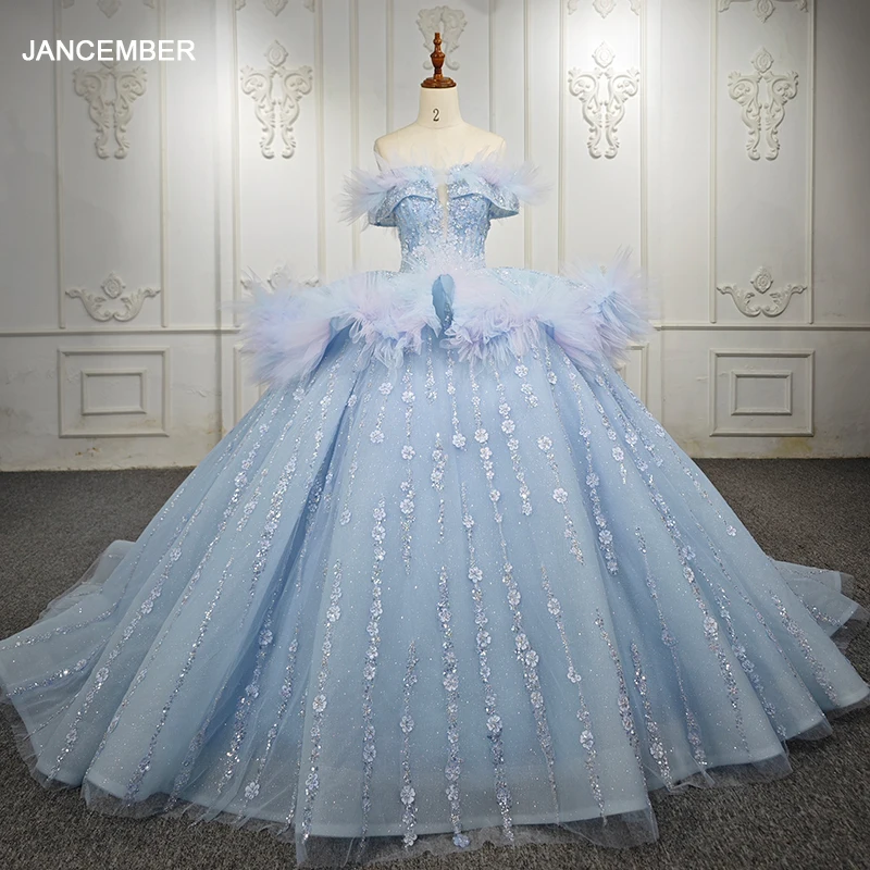 

JANCEMBER Modern Quinceanera Dresses Organza Ball Gown Lace 2023 Blue Flowers Strapless DY6557 Sequined Vestidos De Xv