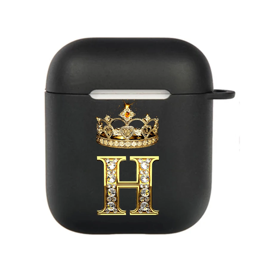 Diamond Crown Letter Hook Case - Black TPU Soft Earphone Cover