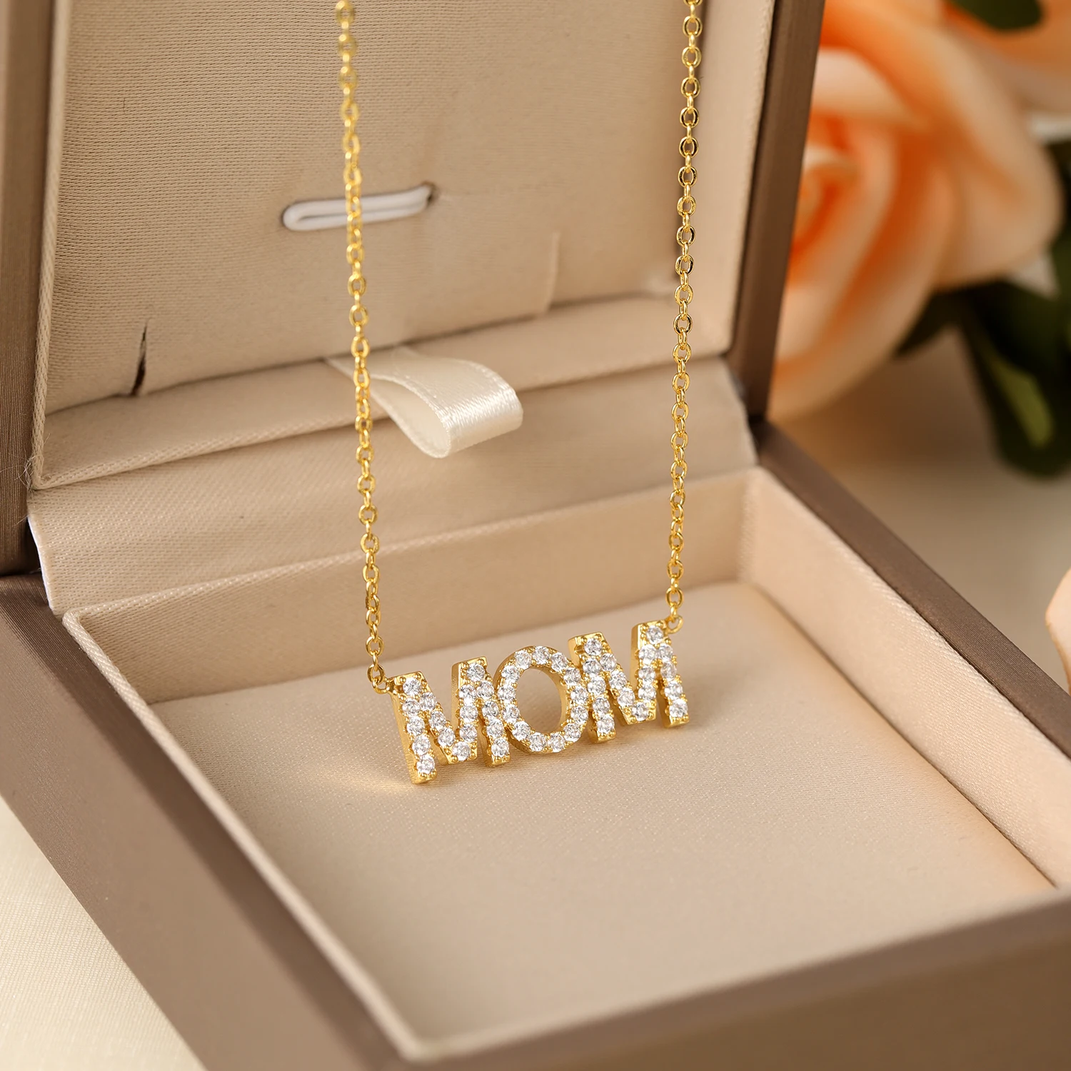 

Gold Mom Rhinestone Necklace Mum Mama Family Mother Necklace With Rose Box Love Necklace Mom Anniversary Mom Mothers Day Gifts