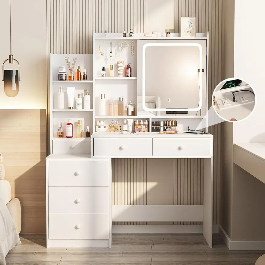 

Vanity Desk with Mirror and Lights,Makeup Vanity with 6 Drawers and Shelves,Power Outlet,Led Lighted Mirror in 3 Colors