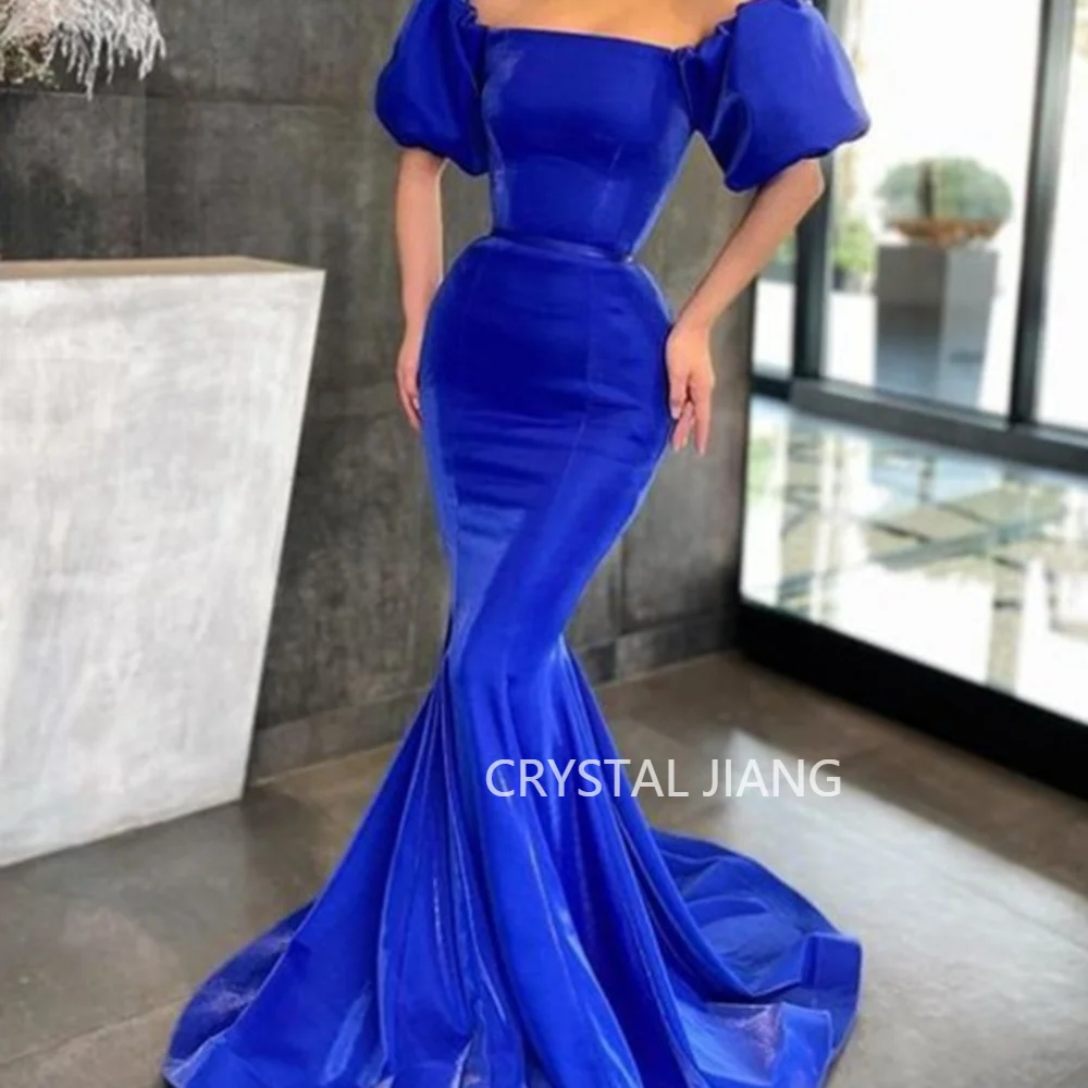 

Long Off Shoulder Satin Vestidos De Noche Short Sleeves A Line Sheath Mermaid Sweep Train Prom Dress Robe de soirée for Women