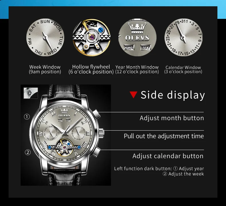 OLEVS 6607 Men Watches Tourbillon Dial Dual Calendar Display Luxury Automatic Watch